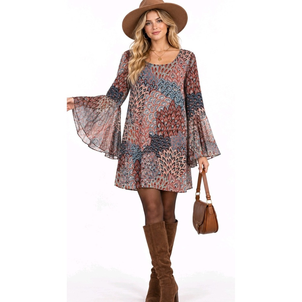 Boho Paisley Mini Dress Bell Sleeve 70s Hippie Festival Flowy Shift Coral Blue